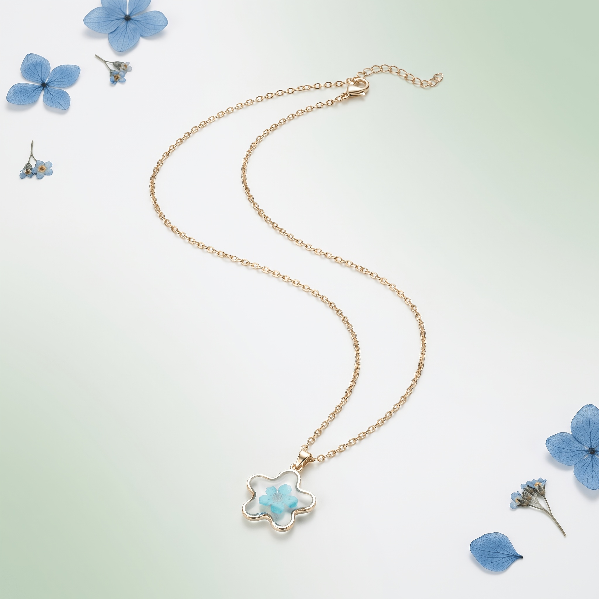 Vibrant Blue Petal Resin Necklace, Floral Creative Pendant